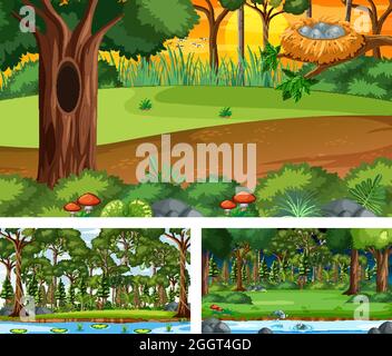 Set of different forest horizontal scenes illustration Stock Vector