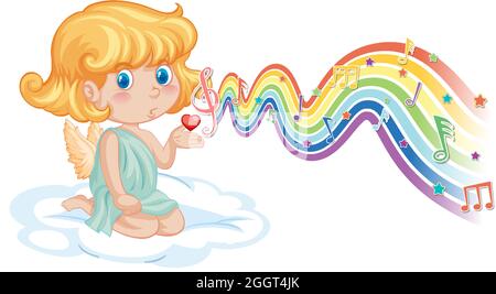 Cupid girl with melody symbols on rainbow wave illustration Stock ...