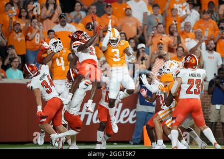 September 02, 2021: a hail Mary pass attempt to Tennessee Volunteers players during the NCAA football game between the University of Tennessee Volunteers and the Bowling Green State University Green Falcons at Neyland Stadium in Knoxville TN Tim Gangloff/CSM Stock Photo