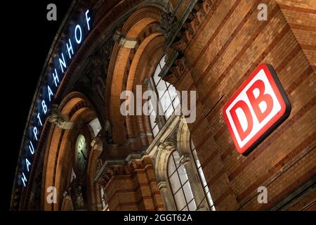 Bremen, Germany. 03rd Sep, 2021. The logo of Deutsche Bahn (DB) in front of the main station early this morning. The train drivers' union GDL has called on its members to strike at Deutsche Bahn. Credit: Hauke-Christian Dittrich/dpa/Alamy Live News Stock Photo
