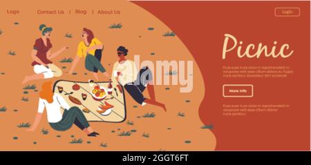 Friends gathered on picnic outdoors website page Stock Vector