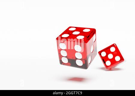 3D illustration closeup of a pair of red dices over white background. Red dice in flight. Casino gambling. Stock Photo