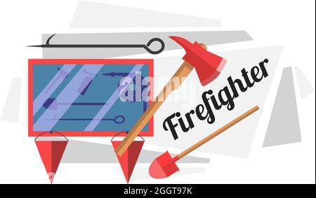Firefighter equipment and tools in display frame Stock Vector