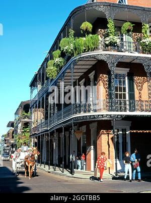 Typical ironwork balconies along Royal Street in French Quarter, New Orleans, Louisiana, USA. Stock Photo