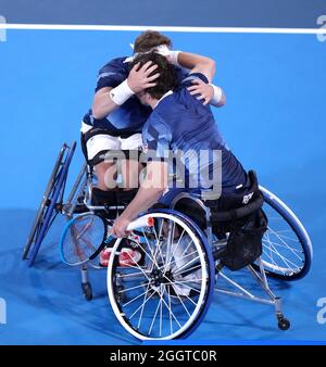 Great Britain's Gordon Reid (right) and Alfie Hewett react during the Men's Doubles Gold Medal Match at the Ariake Tennis Park during day ten of the Tokyo 2020 Paralympic Games in Japan. Picture date: Friday September 3, 2021. Stock Photo