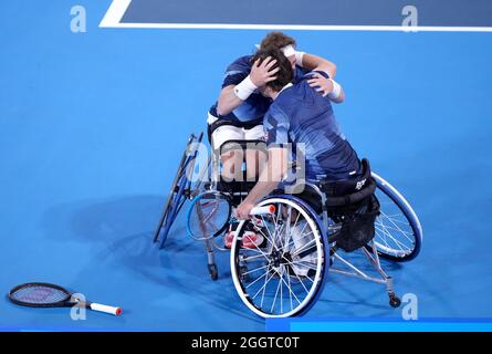 Great Britain's Gordon Reid (right) and Alfie Hewett react during the Men's Doubles Gold Medal Match at the Ariake Tennis Park during day ten of the Tokyo 2020 Paralympic Games in Japan. Picture date: Friday September 3, 2021. Stock Photo