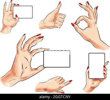Vector female hand with card and hand gesture icon set Stock Vector