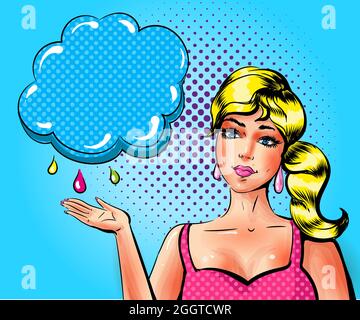 Vector pop art sad woman showing cloud with raindrops Stock Vector