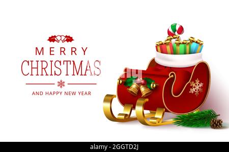 Christmas sleigh vector template design. Merry christmas greeting text with santa claus sledge, gifts and bag for xmas giving season celebration card. Stock Vector