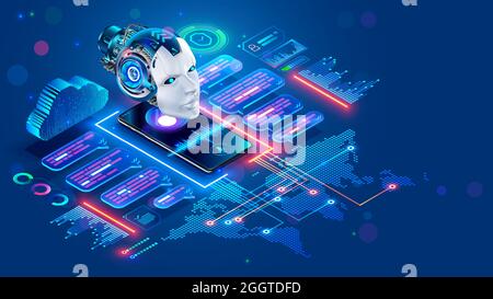 Chat bot with AI helping of users speakers of different languages. Online multilanguage support. App of Voice assistant on Phone. Robot on screen Stock Vector