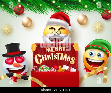 Christmas smiley characters vector design. Merry christmas text with santa claus, snowman and elf smileys character for xmas holiday season background. Stock Vector