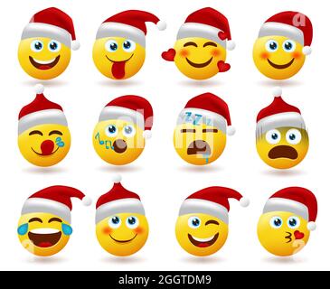 Santa claus smiley character vector set. Santa claus smileys characters in sleeping, singing and scared facial expression for holiday cartoon. Stock Vector