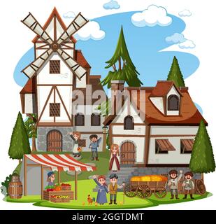 Medieval village with villagers on white background illustration Stock Vector