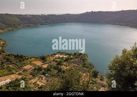 Nemi, Italy - august 16 2021 - Lake Nemi is a beautiful turquoise volcanic lake about 30 kilometers from Rome. Caligula's ships were found on the bott Stock Photo