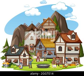 Medieval village with villagers on white background illustration Stock Vector