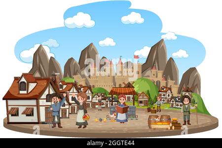 Medieval village with villagers on white background illustration Stock Vector