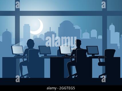 Silhouette design of office workers doing works over time at night,vector illustration Stock Vector