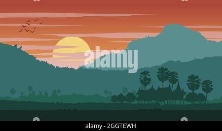 Silhouette scenery of country landscape of Asia on tropical area with palm trees and the house on sunset time,vector illustration Stock Vector