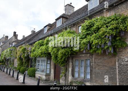 Burford, Oxfordshire, UK 05 13 2020 Buildings with wisteria in Burford, Oxfordshire, UK Stock Photo