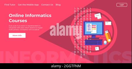 Online informatics courses lessons, landing page Stock Vector