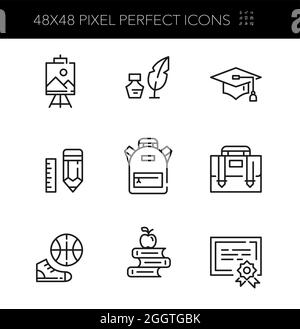 Back to school icons set. Arts, literature, physical education, graduation cap and diploma certificate. Pixel perfect, editable stroke Stock Vector