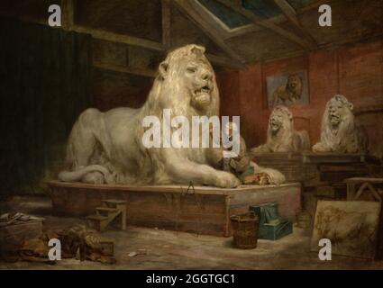 Edwin Landseer (1802-1873). British painter and sculptor. Landseer modelling one of the lions of the Column of Nelson in Trafalgar Square, in the Kensington workshop of the sculptor Carlo Marochetti. Painting by John Ballantyne (1815-1897). Oil on canvas (80 x 113 cm), ca. 1865. National Portrait Gallery. London, England, United Kingdom. Stock Photo