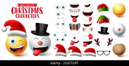 Christmas emoji creation vector set. Smiley face eyes, mouth, hat and head emoticon collection creator character for xmas graphic element design. Stock Vector