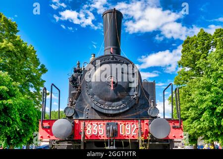 Steam locomotive 835.092 of the 'Ferrovie dello Stato' preserved as a monument at the Sulmona station, Italy Stock Photo