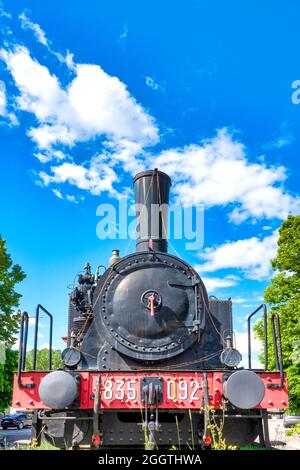 Steam locomotive 835.092 of the 'Ferrovie dello Stato' preserved as a monument at the Sulmona station, Italy Stock Photo
