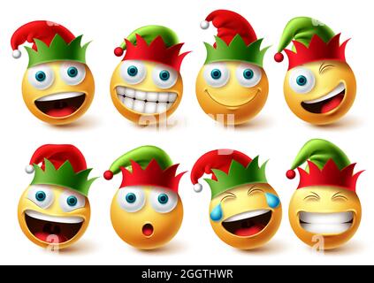 Christmas elfs emoji vector set. Emojis smiley wearing elf hat icon collection isolated in white background for xmas character design elements. Vector Stock Vector