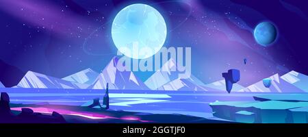 Alien planet landscape, cosmic background, deserted coastline with mountains view, glowing cleft, stars and shining spheres in space. Extraterrestrial pc game backdrop, cartoon vector illustration Stock Vector