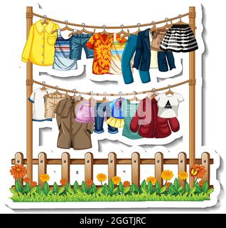 Free Vector  A sticker template of clothes racks with many clothes on  hangers on white background