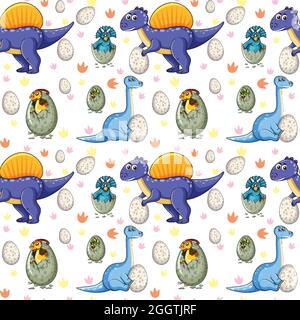 Seamless pattern with various dinosaurs and dino eggs on white background illustration Stock Vector