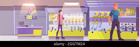 Customers in tools store, hardware construction shop with cashier desk. Men buyers choose goods on showcase shelves with diy instruments for carpentry or maintenance works. Cartoon vector illustration Stock Vector