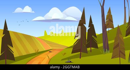 Cartoon nature landscape, rural dirt road going along green field with conifers trees. Path and spruces under blue sky with fluffy clouds and flying birds, scenery wood background, vector illustration Stock Vector