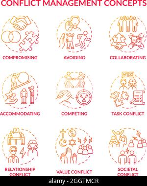 Conflict management red gradient concept icons set Stock Vector