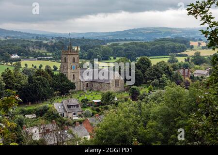 View across the town to St Nicholas Church from the castle walls, Montgomery, Powys, Wales Stock Photo