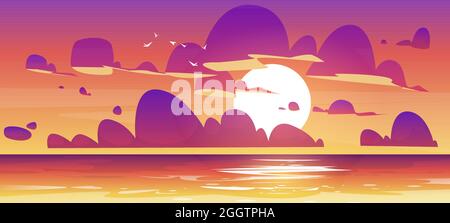 Sunset in ocean, nature landscape background, pink and purple fluffy clouds in orange sky with sun shining above tranquil sea water surface, illuminated shore evening view. Cartoon vector illustration Stock Vector