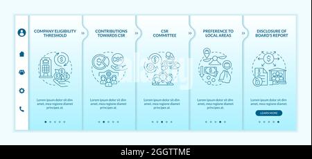 Corporate social responsibility basics blue gradient onboarding vector template Stock Vector