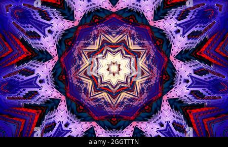 Purple magic kaleidoscope. The device of the universe, crescent moon and sun with a face on a black background. Magic kaleidoscope. Stock Photo