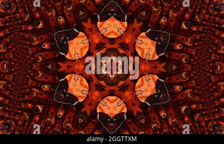 Ginger groovy kaleidoscope abstract seamless pattern with round kaleidoscopic glowing elements. Stock Photo