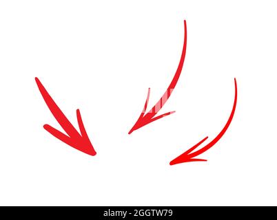 Set of three thin red hand-drawn arrows, ink, brush style, on white Stock Vector