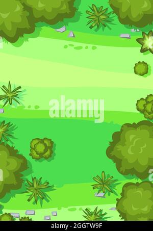 Hilly lawn in the forest. View from above. Countryside rural landscape. Place. Green foliage of trees and shrubs. Top view. Background illustration in Stock Vector