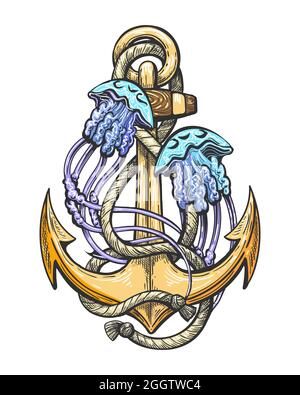 Tattoo of Ship Anchor and jellyfishes isolated on white background. Vector Illustration. Stock Vector