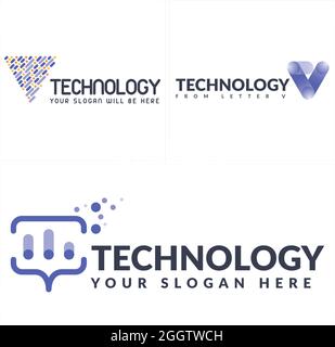 Technology v tech communications network logo design Stock Vector