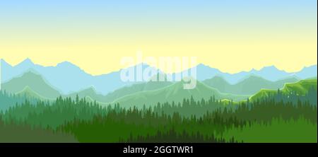 Pine forest. Silhouettes of coniferous trees. Morning. Wild landscape horizontally. Nice panoramic view. Beautifully illustration vector. Stock Vector