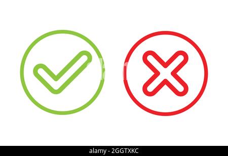 Tick and cross icons. Green checkmark OK and red X icons, Circle shape  symbols YES and NO button for vote ilustração do Stock