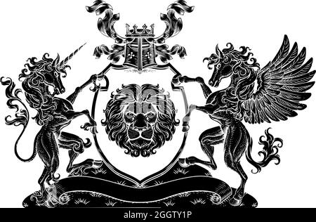 Coat of Arms Pegasus Unicorn Crest Lion Shield Stock Vector