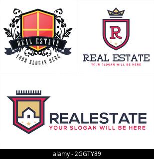 Real estate badge floral crown and star logo design Stock Vector