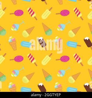 Ice cream seamless pattern. Popsicle, scoop of ice cream in a vase, chocolate ball icing waffle cup. Design for fabric, textile print, wrapping paper, Stock Vector
